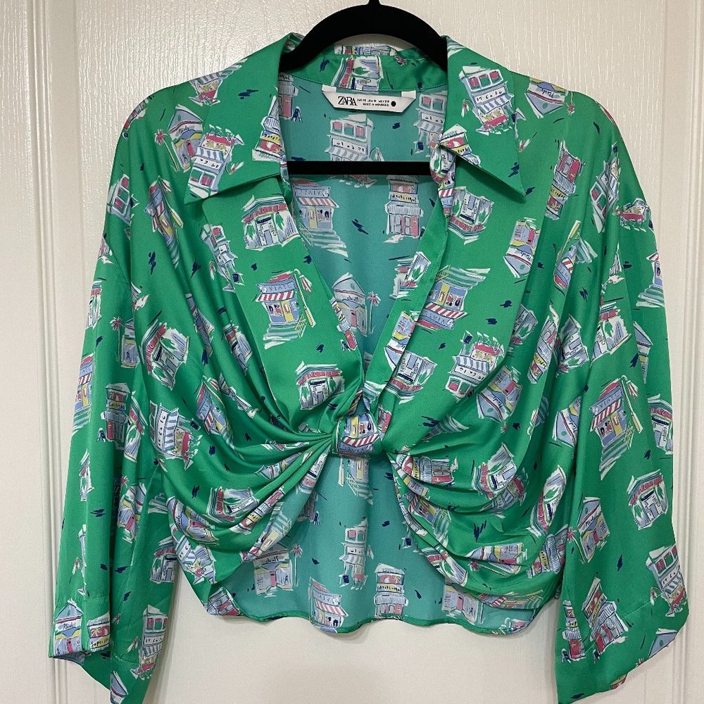 Zara Green Printed Knotted Crop Blouse (Medium)